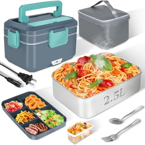 3.5L Super Large Electric Lunch Box for Adults and Men, Heated Lunch Box for Adults and Men, with Dual Layer (2.5L 304SS and 1L PP Fruit Container), 90W (12V/24V/110V), lonchera