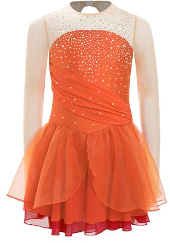 Nyeemya Mädchen Langarm Eiskunstlauf Kleid Strass Glitzer Leotard Mit Wickelrock Tanzkleid Turnanzug Wettbewerb Tanzkleidung Orange 146-152