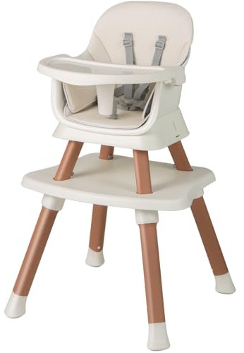 Maxmass Baby Highchair, 6 in 1 Convertible Infant Feeding Chair with 5-Point Harness and Adjustable & Removable Tray, Toddler Dining Chair for 6-36 Months (Beige+Natural, 58x58x98cm)