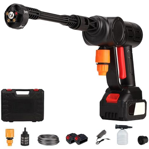 Hidrolimpiadora a batería, 2 baterías 21V Hidrolimpiadora portátil con Manguera de 10mt, Pistola con 6 boquillas en 1 Hidrolimpiadora inalámbrica para Coche jardín terraza césped y riego (Negro)