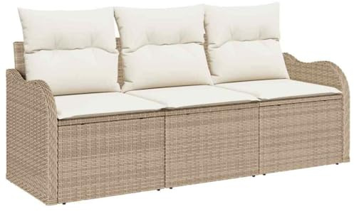 vidaXL Garten-Sofa-Set mit Kissen mit Speicher 3 pcs Beige Poly Rattan, Stylisches, Robustes Sofa-Set für draußen, modulare Sitzgelegenheiten, UV-beständiges Rattan für Garten und Terrasse