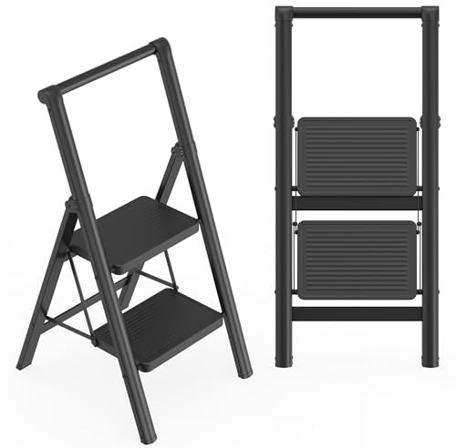 Aufun Escalera plegable de 2 peldaños, con pedal antideslizante ancho, con pasamanos, escalera doméstica, taburete multifuncional hasta 270 kg, escalera para el hogar, oficina, color negro