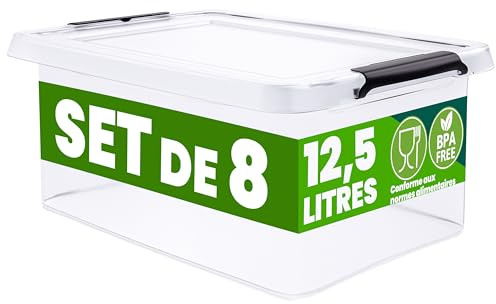 Deuba® Plastic Storage Boxes with Lids, Click Lock Storage, 8 x 12.5 Litres | Home and Kitchen, Office, Christmas Decorations, Under Bed Storage, Dog Food Storage, Tool Box, Toy Box, Clear Moving Boxes