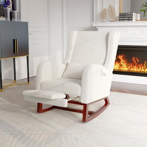 Schaukelstuhl mit 2 Seitentasche, Gepolsterter Stillsessel mit Fußstütze und Lendenkissen Schaukelstuhl Stillsessel mit Beinstützen und Holzbeinen für Schlafzimmer, Wohnzimmer(Elfenbein-1, 93x70x99)