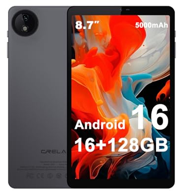 Crelander Tablet Android 16 da 8,7 pollici, 16 GB + 128 GB, con display Incell da 1340 x 800, fotocamera da 5 MP + 13 MP, batteria da 5000 mAh, Bluetooth/Wi-Fi, mini tablet Android con custodia