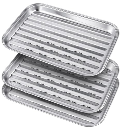 SENJEOK 3 Stück BBQ Grillschalen, 34,5 x 24,2 x 2,7cm Wiederverwendbar Grillschale Edelstahl für Gasgrill Gemüse Fisch oder Fleisch
