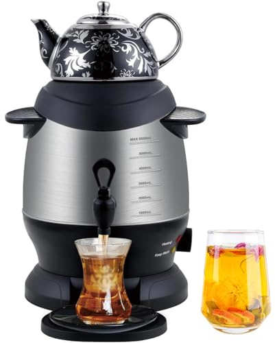Bollitore elettrico turco Samovar in acciaio inox da 1800 W, bollitore da 5 l con teiera da 1 l, funzione di mantenimento del calore, manico anti-scottatura per caffè e tè profumato