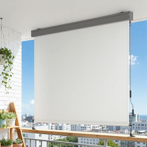 Monucep Senkrechtmarkise Außen 180 x 250cm (BxH), Vertikalmarkise 280 g/m² Polyester mit Handkurbel,Sonnenschutz,Outdoor Rollo Wetterfest für Terrasse,Balkon,Beige
