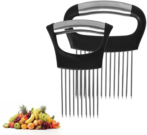 Solvio 2PCS Stainless Steel Onion Rack for Slicing, Professional Onion Slicer and Vegetable Cutter, Non-Slip Food Slicing Aid for Potatoes, Tomatoes, Meat Tenderizer, Kitchen Gadgets