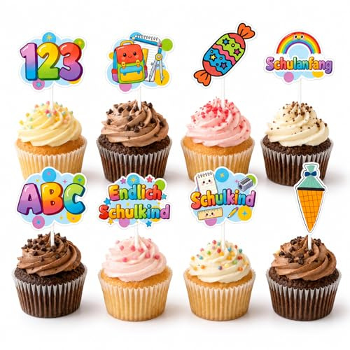 Gleevio 24 Stück Tortendeko Einschulung Kuchen Deko, Bunt Cupcake Topper | Schulkind 2026 Mädchen Junge, Kuchendeko Schulanfang, Muffin Deko Einschulung Mädchen, Tortendeko für 1. Schultag Party