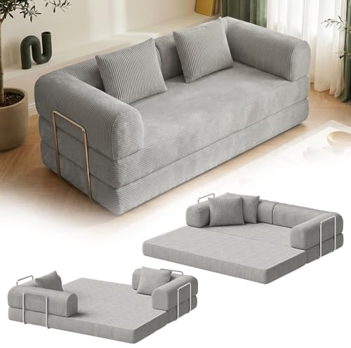 skølm Lofn Schlafsofa 2-Sitzer 200 cm, Cord Hellgrau, 2 Kissen, Klappsofa | Ausklappbare Couch zum Bodensofa, modulare Vollschaumcouch mit Stahlgestell, Cordsofa Wohnzimmer, vakuumverpackt, Klappsofa