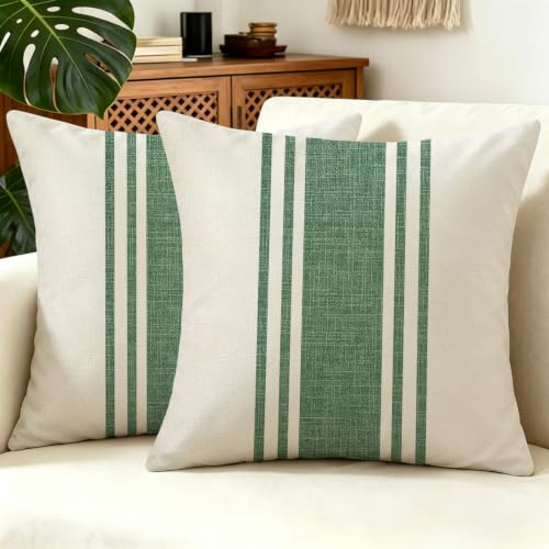 Boho Kissenbezug 50x50 Salbei Grün Beige Kissenhüllen Kissen Sofakissen Dekokissen Kissenbezüge Modern Gestreift Leinenoptik Dekorative Zierkissenbezug für Sofa Outdoor Wohnzimmer Schlafzimmer 2er Set