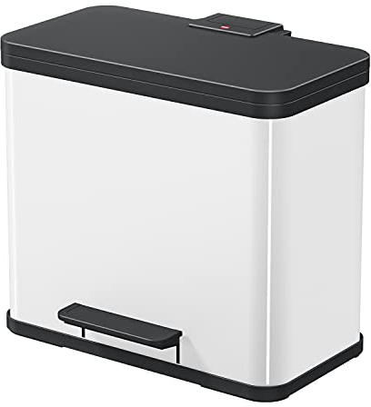 Hailo Eco duo L - Mülltrenner 2 x 14 Liter - 28 Liter - Soft Close Deckel - 2-in-1 Treteimer mit 2 Kunststoff Inneneimern - Mülleimer mit Pedal rechteckig - Made in Germany - Stahlblech - Weiß