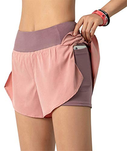 ORANDESIGNE Femme 2 en 1 Shorts de Running Short Pantalon de Jogging Short de Yoga Taille Haute Poches Latérales Rose M