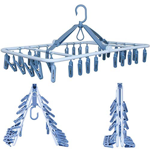 Foshine Foldable Clip Hangers Drip Hanger Plastic with 32 Drying Clips Wind-Proof Hook Underwear Hanger with Clips Plastic Laundry Clip Drying Rack Hanger for Socks Bras Lingerie Clothes Blue