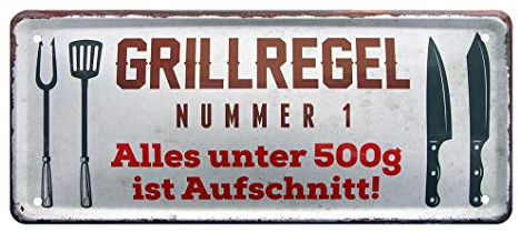 helges-shop Blechschild Grillregel lustiges Metallschild mit witzigen Spruch für Grill Begeisterte - Retro Deko Schild Terrasse Balkon Garten - Geschenk Grill BBQ - Grill Hobby Zubehör - 28x12cm