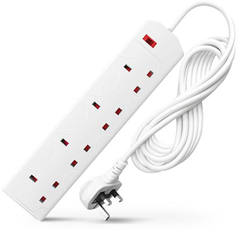 DESIRETECH White Electric Extension Lead - 4 Gang, 10 Metre Cable with UK Plug & 3 Pin Socket - Wall Mountable & Multi Socket Mains Strip for Home, Bedroom, Kitchen, & Office (1 Pack)