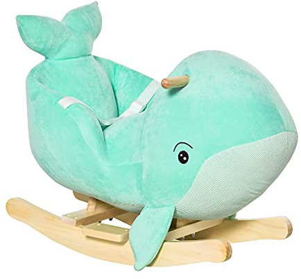 HOMCOM Caballito Balancín Forma Ballena para Niños de 18-36 Meses Mecedora de Felpa con Sonidos Cinturón de Seguridad y Reposapiés 60x33x50 cm Turquesa