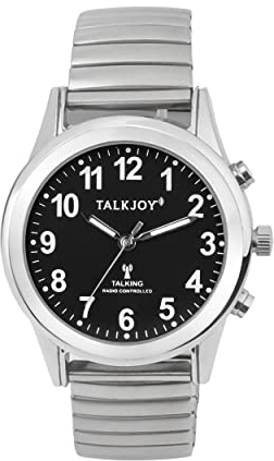 TalkJoy Premium Schwarzes Zifferblatt Funkuhr Herren Sprechende Uhr Metallzugarmband Armbanduhr Seniorenuhr Blindenuhr