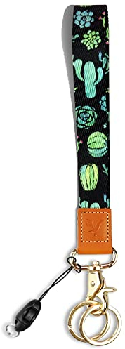 Yiflin Bonito cordón de muñeca para llaves, llavero, cartera, soporte de identificación, teléfono celular, llavero de pulsera (negro y cactus)