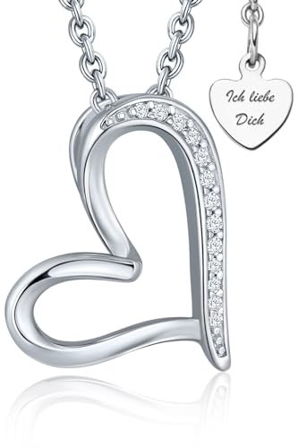 LOVENEST Halskette Damen Silber 925 / Gelbgold Rosegold vergoldet Herzkette Damenkette Kette Ich Liebe Dich Silberkette Anhänger Schmuck Jahrestag Geschenke Frauen Freundin (Sterling Silber 925)
