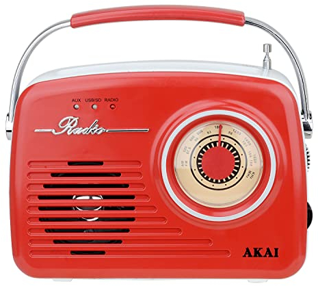 AKAI Tragbares Radio in Retro-Design Rot - FM/AM, AUX, USB, SD-Karte, MP3, Kopfhöreranschluss, Teleskopantenne