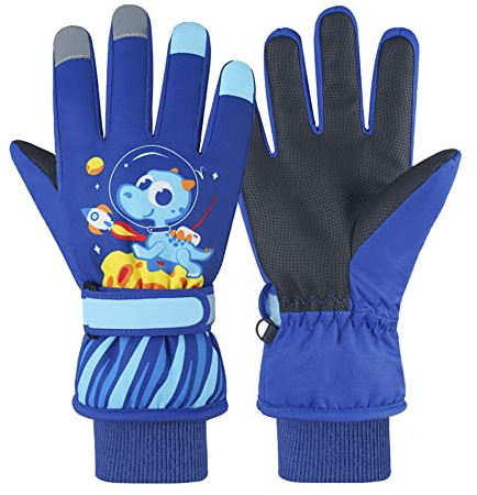 Kinder Skihandschuhe Snowboard Handschuhe Schneehandschuhe wasserdichte Und Winddichte Winter Handschuhe Anti-Rutsch Plüsch Gefüttert Warm Handschuhe für Mädchen Jungen Blauer Dinosaurier S(4-7 Jahre)