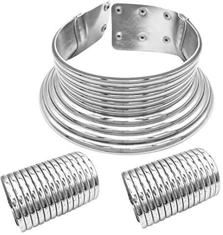 Yowablo Verstellbare Coil African Choker Chunky Statement Halskette mit 2 Armbändern Gothic Kunstleder Set Schmuckbeton