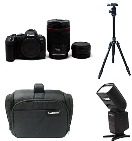 KamKorda Camera Bag + Flash + Tripod + R6 Mark II Mirrorless Digital Camera Body + RF 24-105 f/4L Lens + R Mount Adapter, 24.2MP Full-Frame CMOS Sensor, 4K60 10-Bit Internal Video + 2 Year Warranty