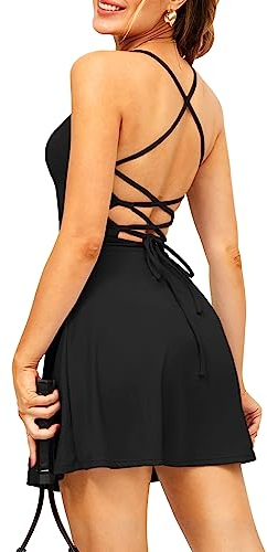 Navneet Tenniskleid Damen Golfkleid Active Dress Kleid mit Hose drunter Rückenfrei A Linie Mini Kleid Gepolstert Tennis Outfit Kostüm Sommerkleid Schwarz M