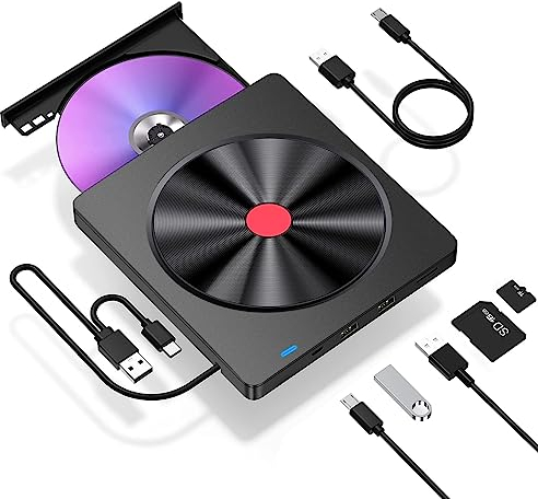 LMEN Masterizzatore Lettore DVD CD Externo per PC Portatile Unità Esterna USB 3.0 e Tipo C con Lettore di Schede SD/TF, Lettore CD/DVD +/-R RW ROM per Lenovo/Win XP/7/8/10/11/MacOS/iMac/Vista/Linux