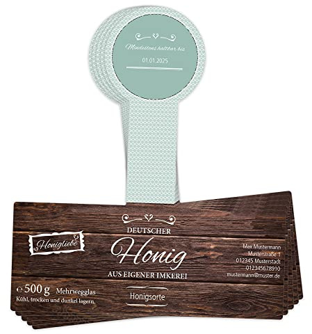 Apoidea – Honig Etiketten 500g mit Gewährverschluss selbstklebend & personalisierbar - 50 Stück/Etiketten Honiggläser/Honig Aufkleber für selbstgemachten Honig/Honigetiketten für Honiggläser
