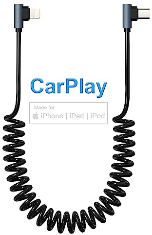 KETAKY Plus Cable iPhone Coche en Espiral de 90 Grados, Certificado Carplay y MFi, Cargador Retráctil para iPhone con Transmisión de Datos, Cable de Carga Corto en ángulo Recto para iPhone/Pad/Pod