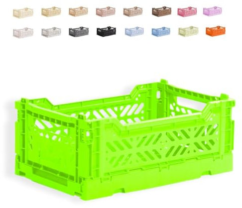 Ay-Kasa der originale faltbare Kunststoff-Aufbewahrungsbehälter, faltbarer Aufbewahrungskorb, stapelbare Kisten, stapelbare Aufbewahrungs Klappbox für Küche, Spielzeug und Büro (Mini, Neon Green)