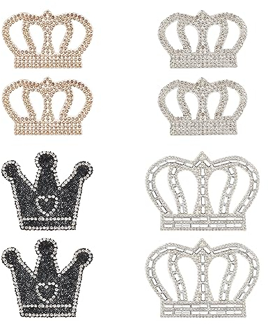 FINGERINSPIRE 8 Stück Kronen Hotfix Strass Applikations Patch 4 Stile Krone Zum Aufbügeln/Aufnähen Kristall Patches Kronen Glas Strass Applikationen Für Kleidung Reparatur Jacken Kleid DIY Dekoration