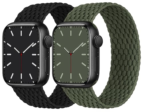 Solo Loop Geflochtenes Armband Kompatibel mit Apple Watch 42mm 44mm 45mm 46mm 49mm, Nylon Elastisches Band für Apple Watch 11 10 9 8 7 6 5 4 3 2 1 SE 3/2/ 1 Ultra 3/2/ 1, Schwarz/Armeegrün L