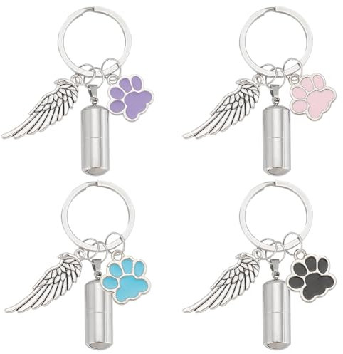 nbeads 4 Stück 4 Farben Haustier Asche Schlüsselanhänger, Memorial Schlüsselanhänger Pet Keepsake Einäscherung Schlüsselanhänger Schmuck Urnenanhänger mit Engelsflügeln