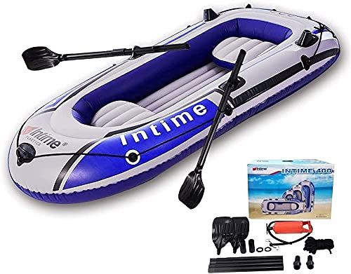 Großes 4-Personen-Schlauchboot-Kanu – 【Blau + Grau】 9 Fuß großes aufblasbares Floß-Kajak mit Luftpumpe, Seilpaddel, 2, 3- oder 4-Personen-Boot für Erwachsene und Kinder, tragbares Fischerboot, 10