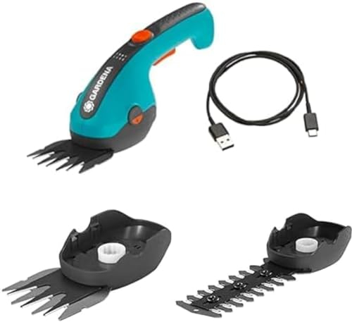 Gardena Akku-Grasschere ClassicCut Li: Rasenkantenschere mit 8 cm Schnittbreite, Komforthandgriff mit LED-Ladezustandsanzeige(9884-20) + Gras- und Buchsmesser+ Strauchmesser 12 cm