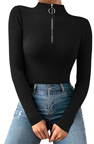 Unterziehshirt Damen Langarm Mit Stehkragen - Langarmshirt Mit 1/4 Reißverschluss Slim Fit Tshirt Einfarbig Basic Shirt Gerippt Sweatshirt Stricke Longsleeve Pullover Enges Crop Top