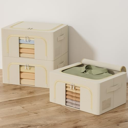 GoMaihe 3 Stück Aufbewahrungstasche mit Metallrahmen 72L - Stapelbare für Bettdecken Kleidung - Faltbare Kleideraufbewahrung Box Abstellraum Kleiderschrank Organizer (Beige,24L)