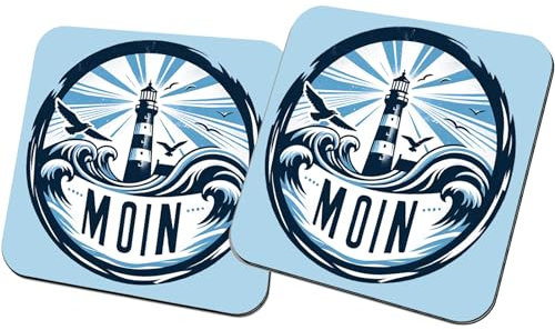Fördeblau Maritime Untersetzer 2er-Set – Leuchtturm & Moin-Design, aus Holz (Hartfaser) & Langlebig, 9x9 cm, Getränkeuntersetzer als Geschenkidee für Nordsee und Ostsee Liebhaber
