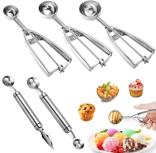 HEKOBAG 5 Stück Eisportionierer Edelstahl Eiskugelportionierer 3 Größen Eiskugelformer Eiscreme Portionierer Eislöffel Portionierer Set Eisportioniererspüle mit Auslöser für Melone Fleischbällchen