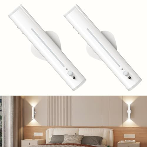 bravzurg Battery Operated Wall Lights 2 Pack, Motion Sensor Rechargeable Wall Sconces Lights Indoor, Magnetic Wireless Rotatable Metal, Stick on LED Night Lamp for Outdoor Bedroom Bathroom Porch