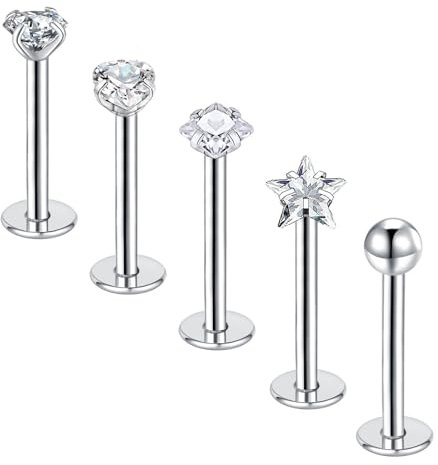 Gojewen 5er Lippenpiercing 10mm Labret Stecker Chirurgenstahl 1,2mm Piercing Lippe Helix Monroe Medusa Schmuck Silber