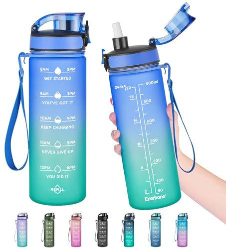Enerbone 24 oz Water Bottle, Leakproof BPA & Toxic Free, Motivational Water Bottle with Times to Drink and Straw, Fitness Sports Water Bottle with Strap for Office, Gym, Outdoor Sports
