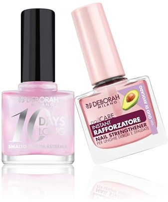 Deborah Milano Nagellack-Set zur Stärkung von schwachen und geschwollenen Nägeln, 9,5 ml und Nagellack 10 Days Long N.849 Pink, glänzender Effekt mit langem Halt, 11 ml