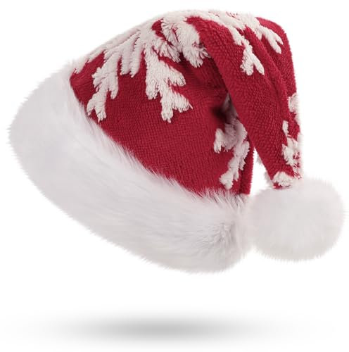 CITÉTOILE Erwachsener Weihnachtsmütze, Unisex Weihnachtsmütze, Deluxe Velvet Weihnachtsdekoration, Weihnachtshut mit Schneeflockenmuster, Xmas Hat für Party Halloween, Rot