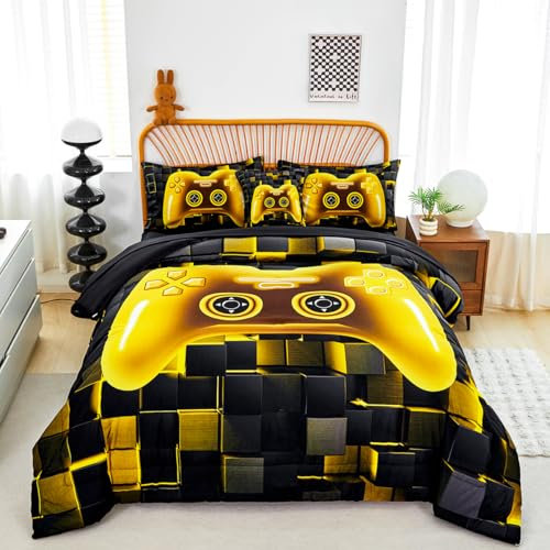 PERFEMET Kids Bedding Sets for Boys Full Size 6 Pcs Black Gold Game Console Comforter with Sheet Set Soft Fluffy Video Gamer Bed Set Lightweight Comfy Gaming Bed in A Bag for All Season(Gold, Full)