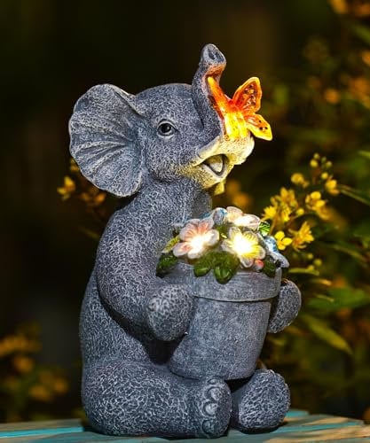 Yeomoo Elefant Figuren mit Schmetterlinge Gartendeko für Draußen: Elefanten Deko mit Blumen Solarlampen Geschenke für Frauen Mama Geburtstag Solar Tiere Deko für Außen Garten Balkon Zimmer Afrika